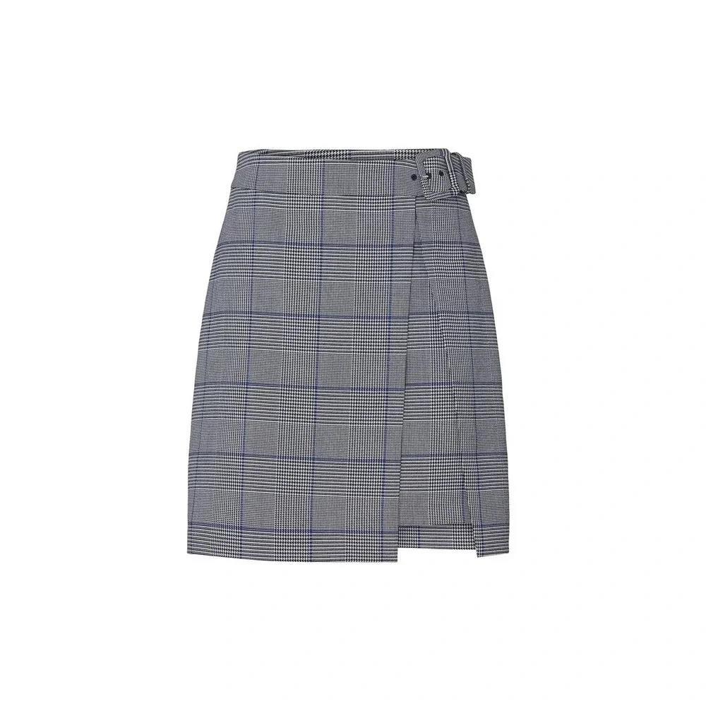 Club Monaco Grey Blue Glen Plaid Buckle Wrap Mini Skirt Asymmetrical Hem Size 12 - Picture 2 of 11